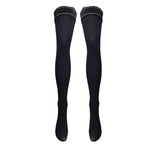 Italian 40 Denier Black Lace Top Hold-Ups with Intricate Baby Pink Squares Detailing