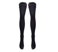 Italian 40 Denier Black Lace Top Hold-Ups with Intricate Baby Pink Squares Detailing