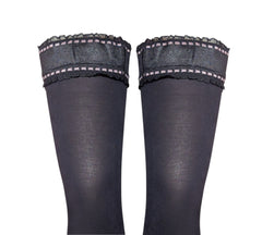 Italian 40 Denier Black Lace Top Hold-Ups with Intricate Baby Pink Squares Detailing