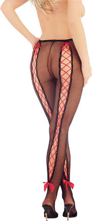 Fishnet Tights With Criss-Cross Red Ribbon