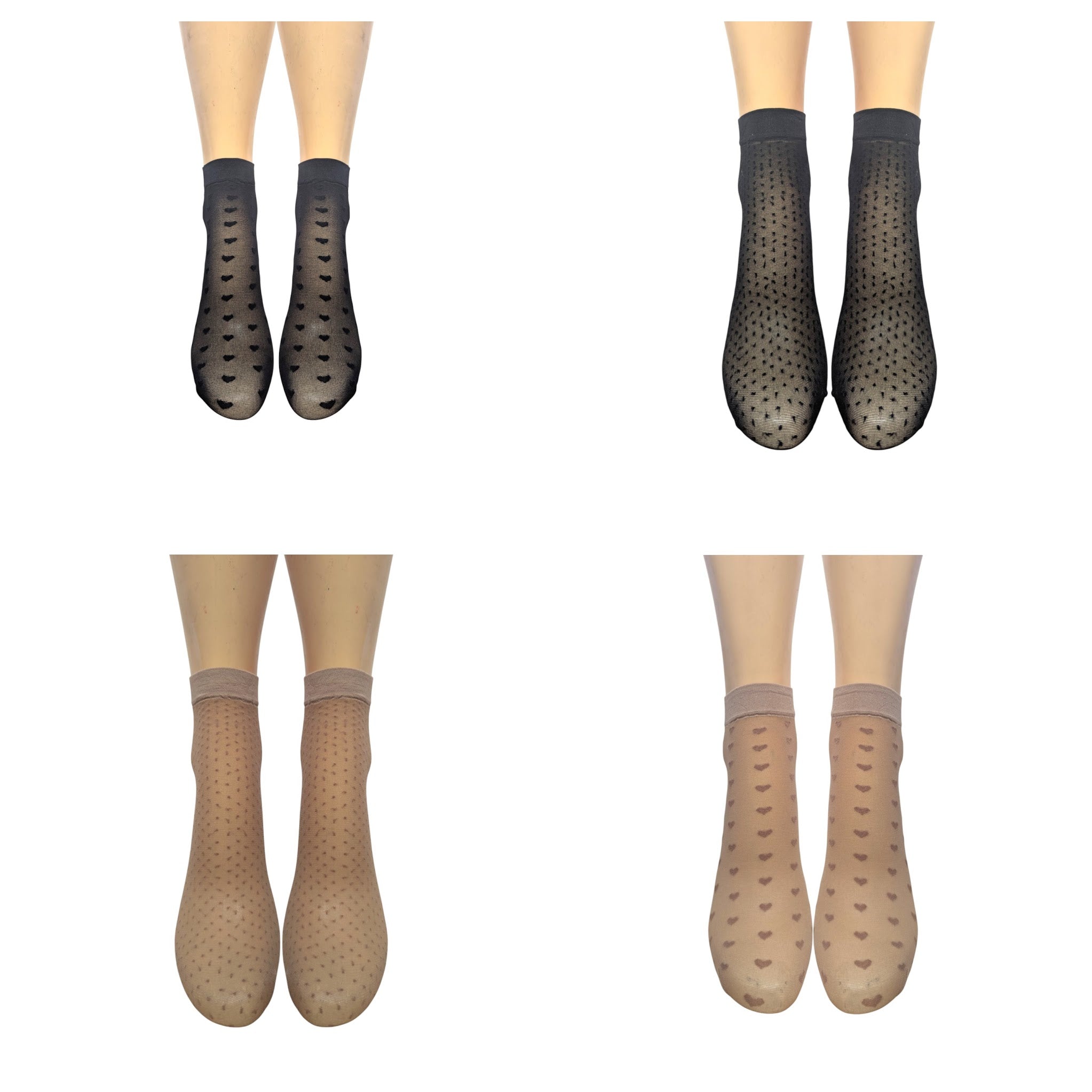 Spots & Hearts 15 Denier Anklets (5 Pair Assorted Pack in Black or Natural) Made In Italy