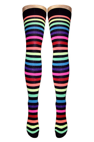Rainbow With Black Stripes Over Knee Socks